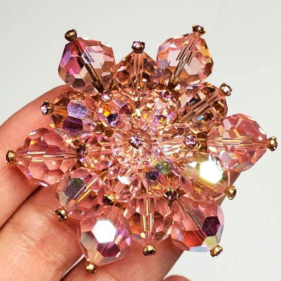 Vtg Austrian Crystal Aurora Borealis Flower Pink Cluster Gold Tone 2" Unsigned - Picture 2 of 8